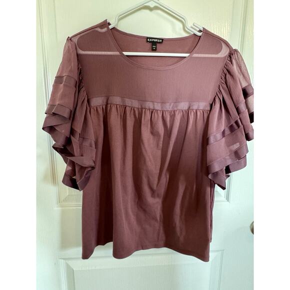 Express- Beautiful Ruffle Sleeve Blouse – Mauve/Plum, Size Women’s Large - Picture 7 of 8